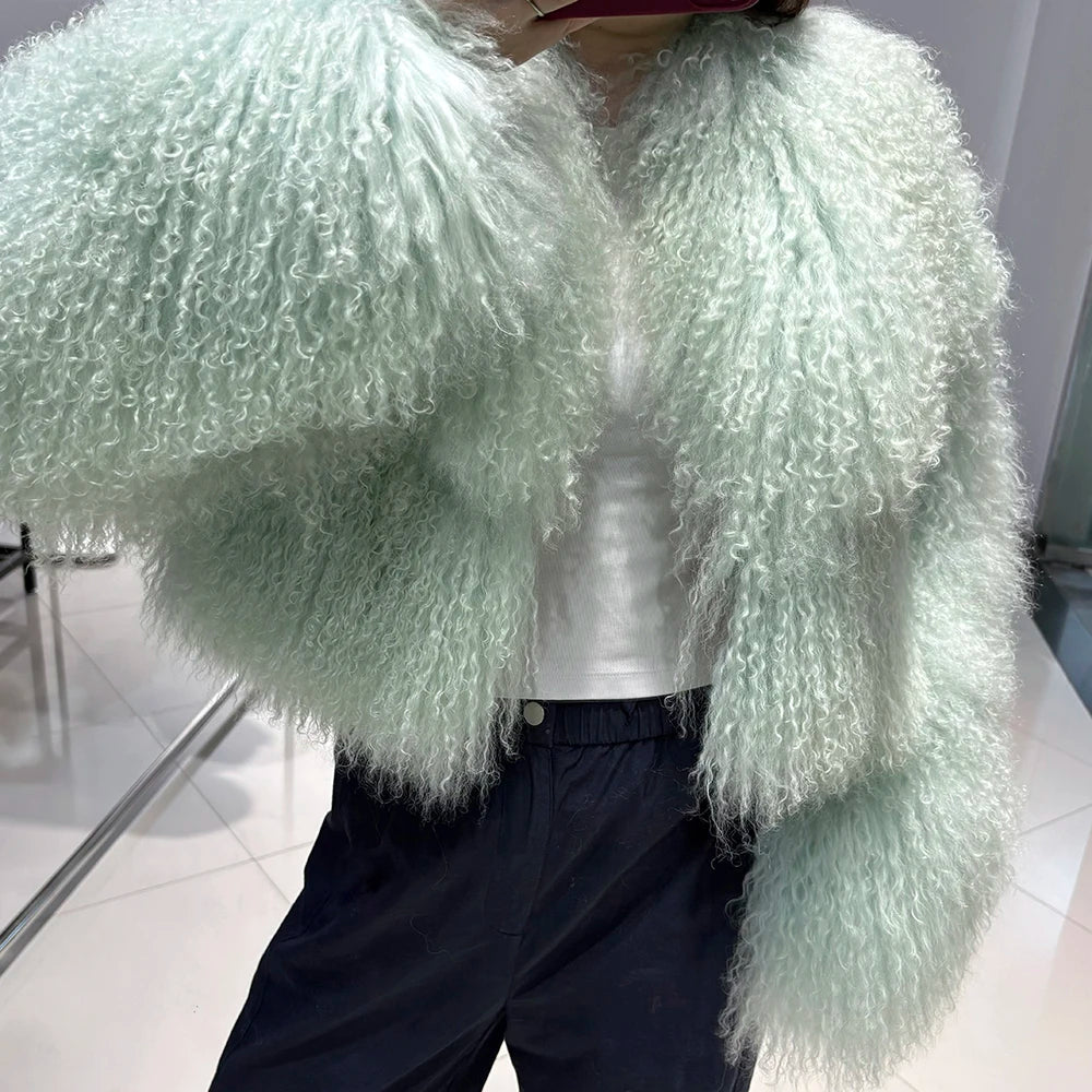 Shaggy Mongolia Sheep Fur Oversized Collar Women's Jacket to 8X Plus Size