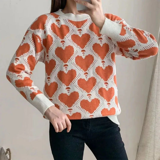 Heart Print Colorblock Jacquard O-Neck Women's Knitted Sweater