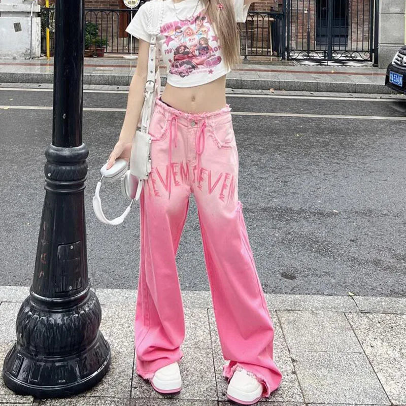 Pink Ombre Gradient Graffiti Print Cut-Out Wide Leg Women's Baggy Streetwear Jeans