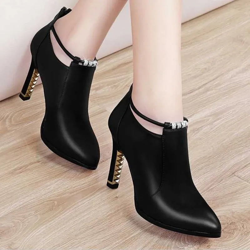 Shallow PU Leather Round Toe Women's Thin Heel Zipper Ankle Boots