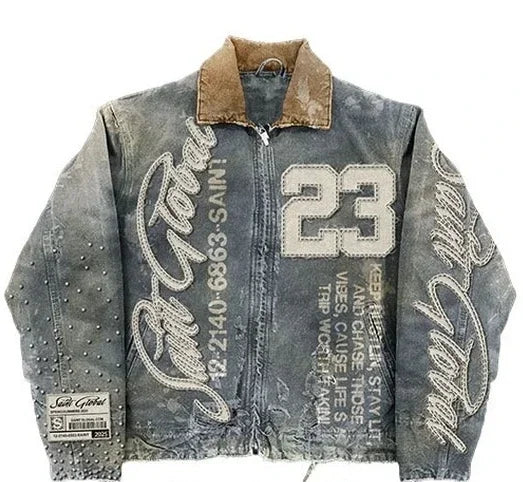 Men's Hip-Hop Leather/Denim Vintage Camo/Sequin Letter # Embroidered/ Oversized Turn-Down Collar Biker Motorcycle Jackets