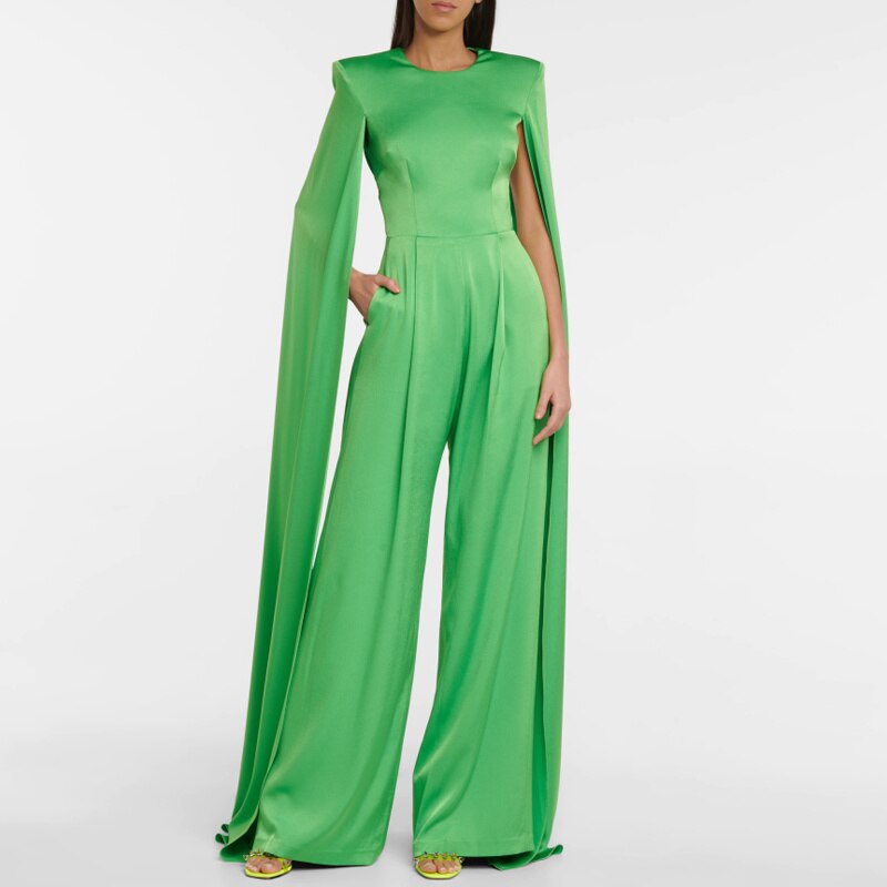 Silk Evening O-Neck Broad Shoulder Backless Hollow Out Jumpsuit