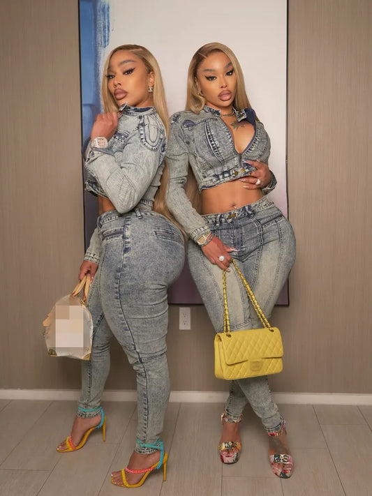 Denim Faded Washed Women's Vintage Cropped Stretch Motorcycle Jacket Jacket + Skinny Jeans 2-Piece Set