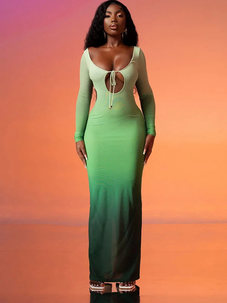 Gradient Long Sleeve V-Neck Hollow-Out Backless Mesh Bodycon Maxi Dress