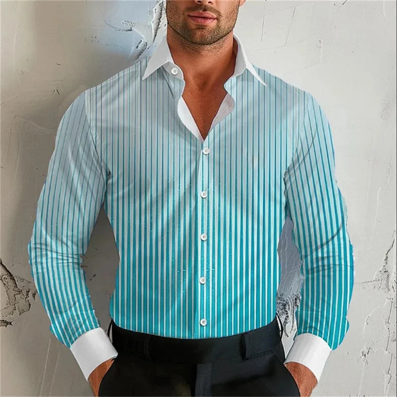 Men's Gradient Striped Turn-Down Collar Long Sleeve Dress Shirts to 5X Big & Tall