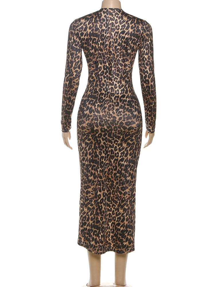 Leopard Print Deep V-Neck Ruched Maxi Ribbon Design Hollow-Out Long Sleeve Bodycon High Slit Maxi Club Dress