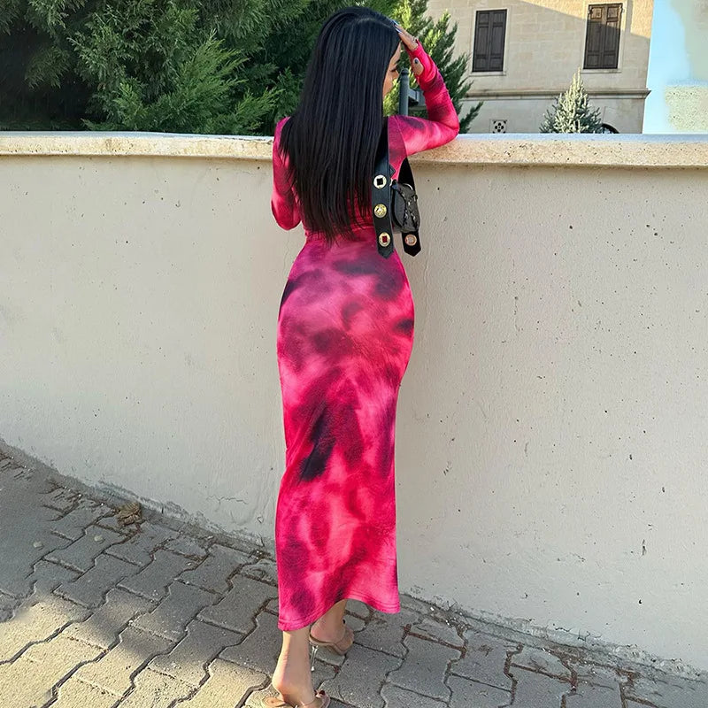 Tie-Dye Long Sleeve Skinny Fit Bodycon Maxi Dress