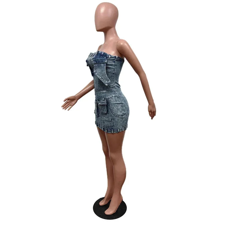 Denim Light Blue Washed Faded  Sleeveless Tube Top Design Cargo Pocketed Streetwear Mini Jean Dress