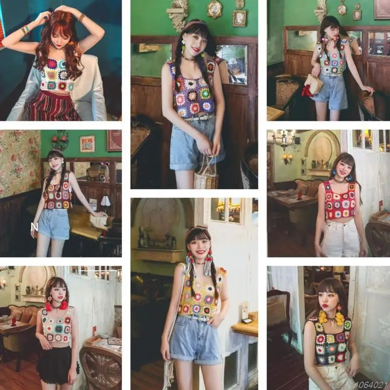 Crochet Multi-Colored Square Flower Design Knitted Square Neck Women's Sleeveless Cropped Tank Top