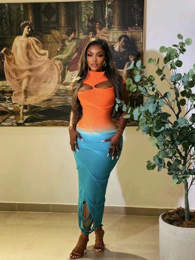Orange/Turquoise Tassel Fringe Hem Colorblock Ripped Hem Hollow-Out Knitted Short Sleeve Bodycon Maxi Dress