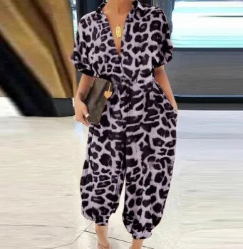 Leopard Short Sleeve Print V-Neck Turn-Down Collar Elastic Waist Jumpsuit