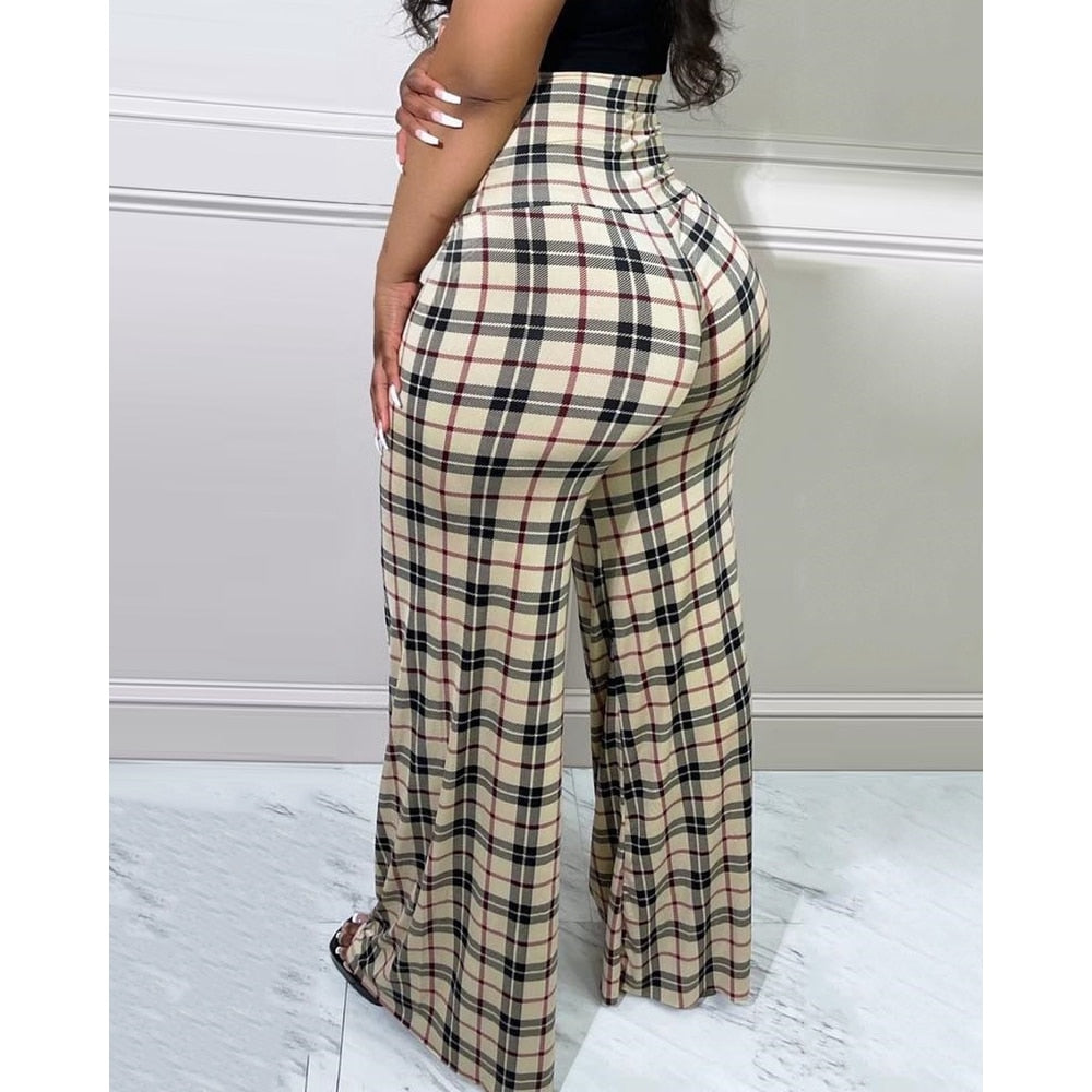 Plaid Print Wide Leg Ladies Trouser Pants