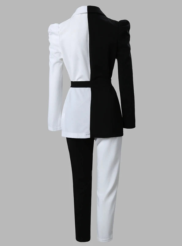 Colorblock Black/White Shawl Collar Tie Front Blazer & Pants Ladies Suit