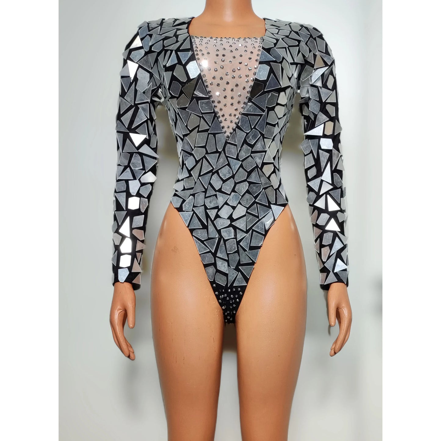 Crystal Sequin Mirror Geometric Metallic Long Sleeve Performance Stage Costume Bodysuit