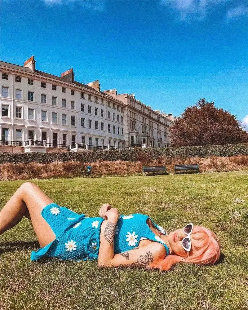 Crochet Big Flower Pattern Knitted Women's Sweater Tank Top + Drawstring Mini Skirt 2-Piece Set