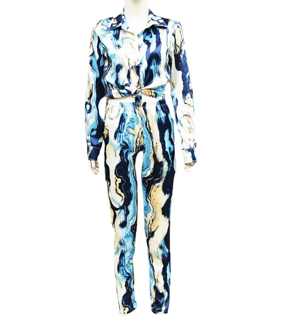 Satin Tie-Dye Print Turn Down Collar Long Sleeve Blouse + Pencil Pants 2-Piece Set