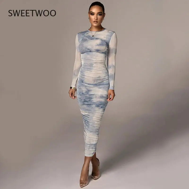 Tie-Dye Ruched Long Sleeve O-Neck Skinny Long Sleeve Maxi Dress