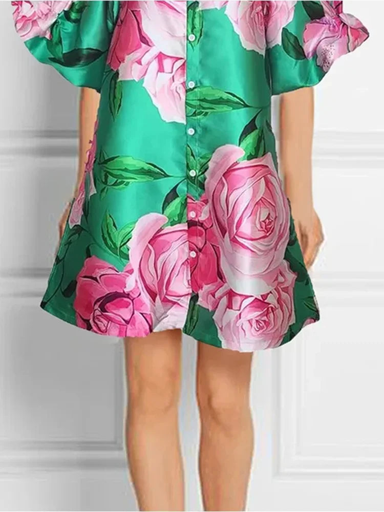 Silky Pink Rose Contrast Print Button-Up Short Sleeved Turn-Down Collar Midi Shirt Dress