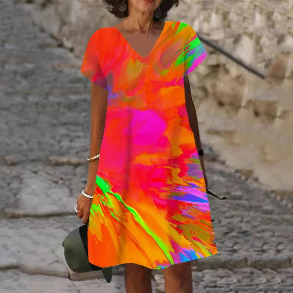 Abstract V-Neck Tie-Dye Rainbow Gradient Colorblock Splash Ink Paint Print A-Line Midi Dress to 6X