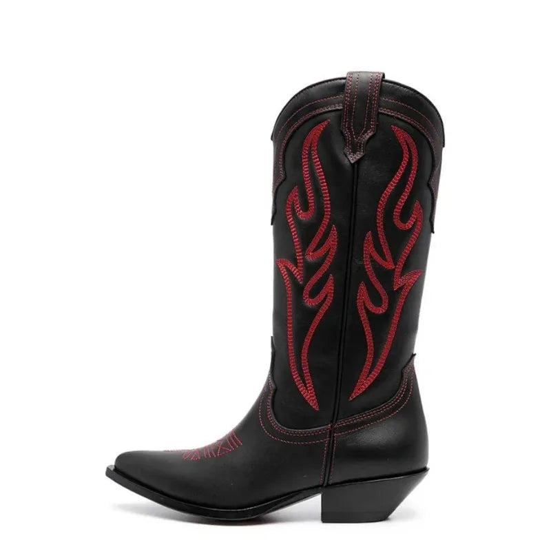 Western Flower Embroidered Pointed Toe PU Leather Midi Cowgirl Boots
