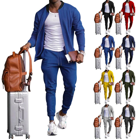 Men's Solid Color Standing Collar Zipper Jacket Tracksuit