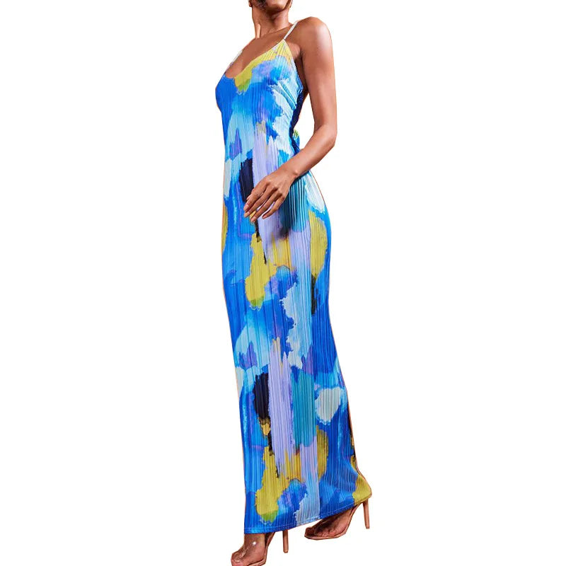 Pleated Halter Floral Printed Spaghetti Strap V-Neck Skinny Backless Maxi Dress