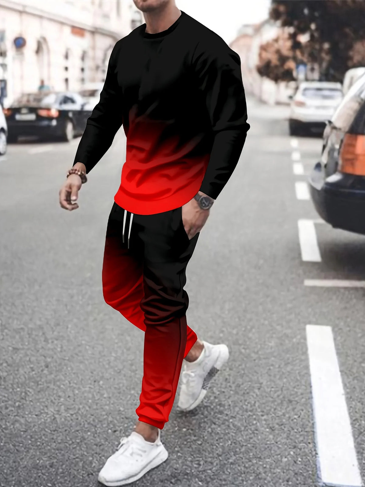 Men's Hip-Hop Rainbow/Gradient/Colorblock/Plaid Checker Print Long Sleeve T-Shirt + Pants Sportswear 2-Piece Set