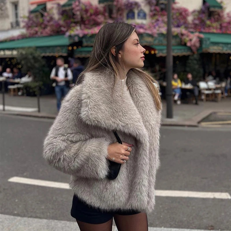 Gradient/Solid Faux Fur Big Collar Women's Jacket