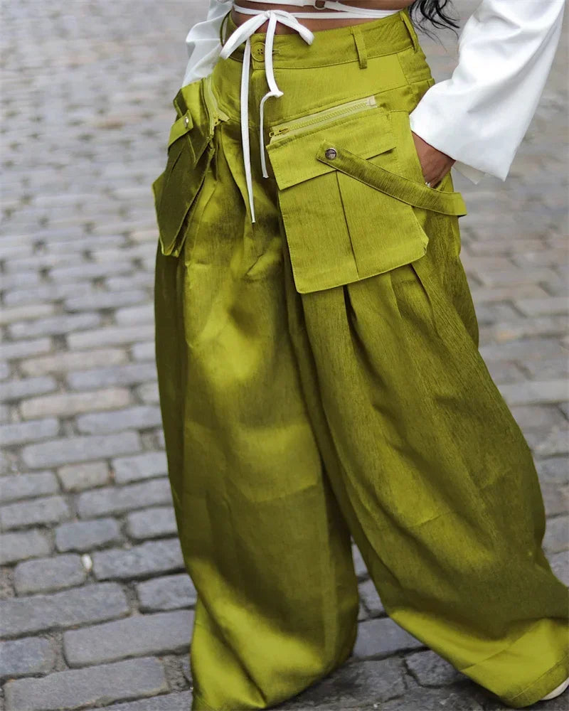 Solid Color Streetwear High Waist Removable Pocket Wide Leg Loose Cargo Trouser Pants