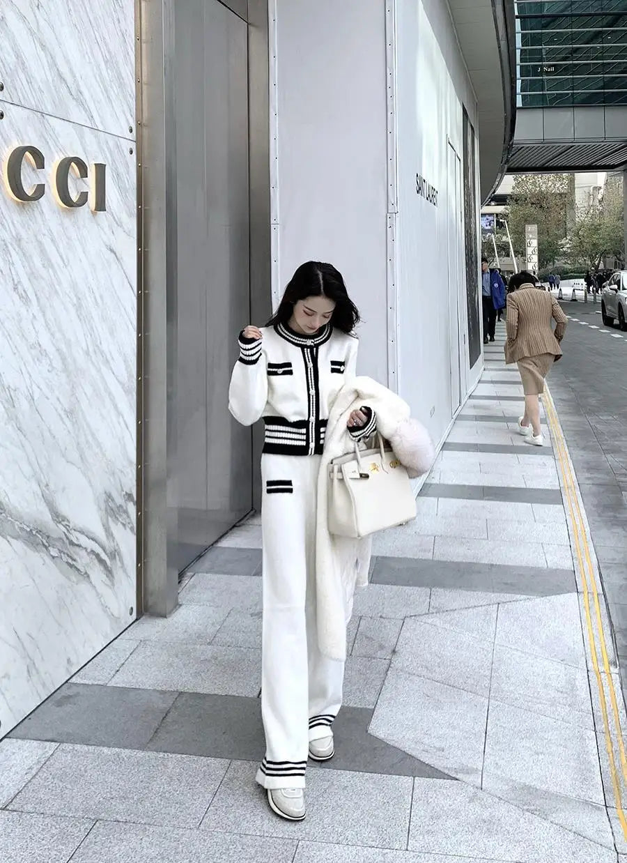 Pullover Striped Double Pocket Button-Up O-Neck Sweater Blazer + Wide Leg Pants Women's Knitted 2-Piece Suit