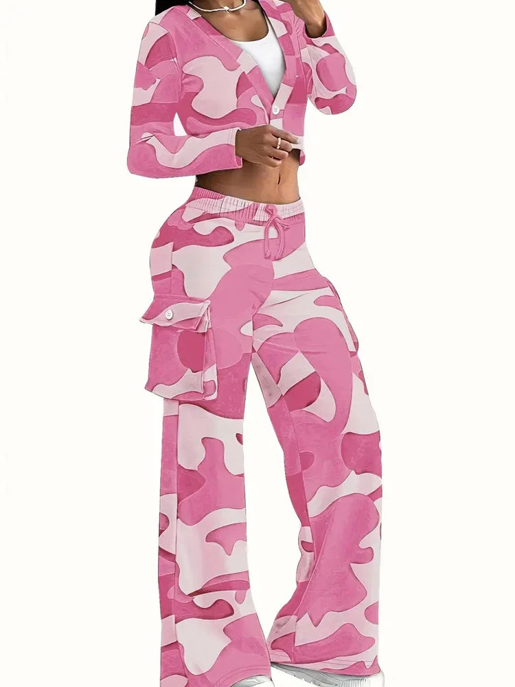 Colored Camoflauge Print Cropped Button-Up Jacket & Cargo Pocketed Elastic Waist Wide Leg Sweatpants Women's Tracksuit