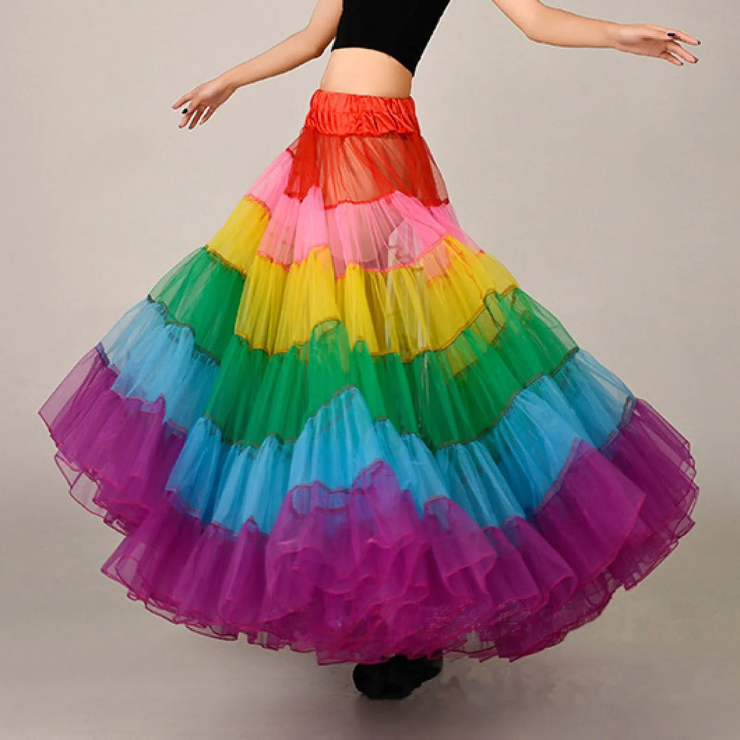 Rainbow Striped Print Oversized Multi-Layer Tulle Flared Big Swing Tutu Maxi Skirt