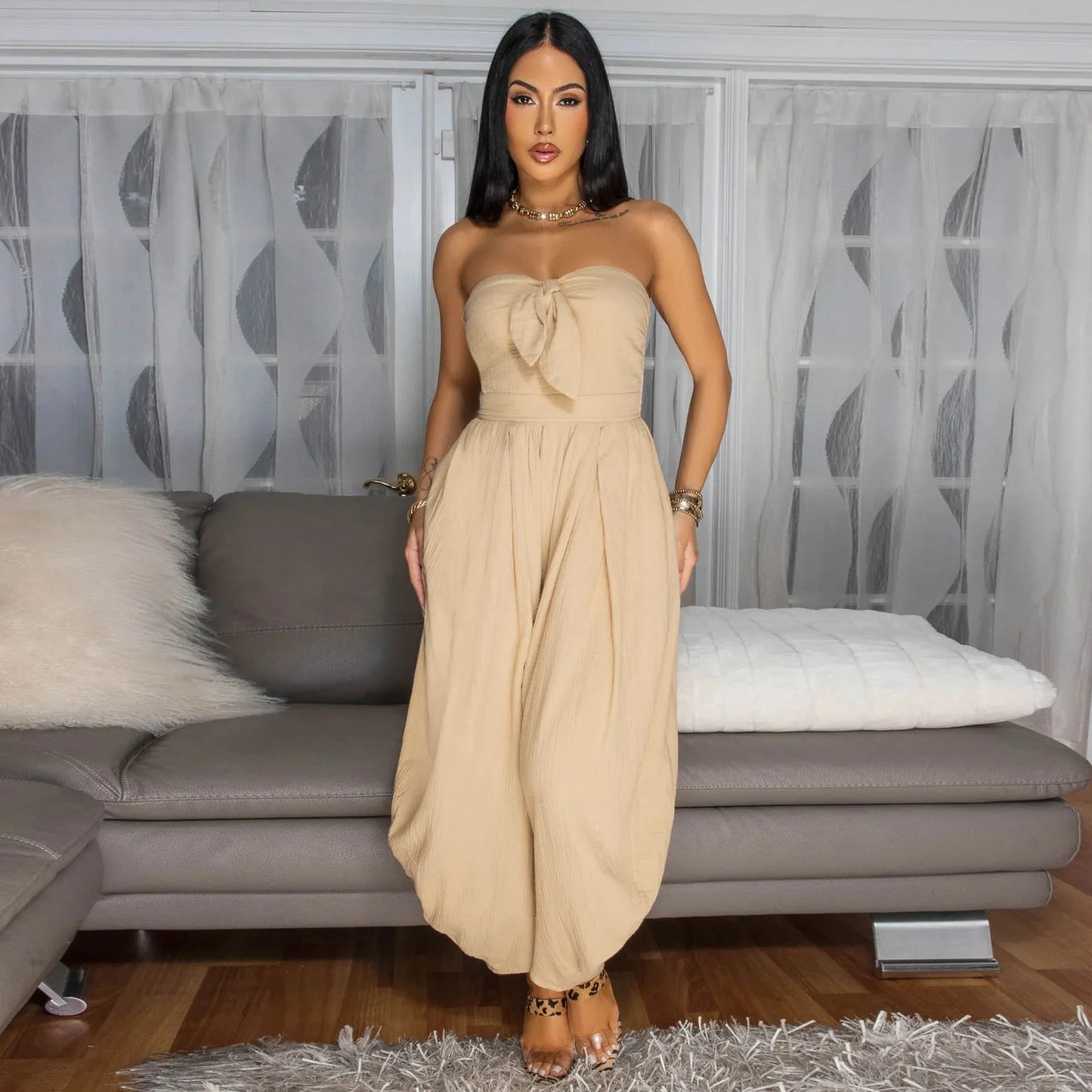 Sleeveless Bowknot Design Solid Color Baggy Tube Top Women's Jumpsuit