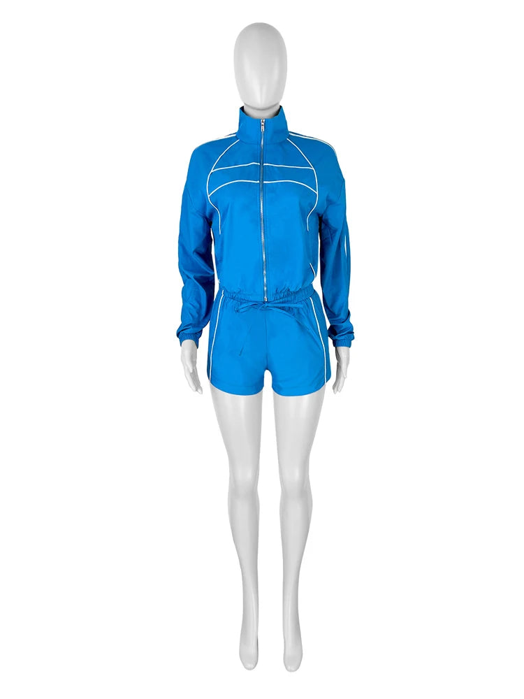 Side Striped Women's Long Sleeve Fitness Zipper Jacket + Mini Gym Shorts 2-Piece Tracksuit