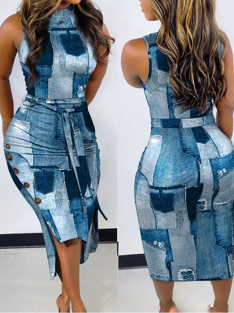 Baroque/Geometric/Snake/Colorblock Print Sleeveless Bodycon Midi Dress