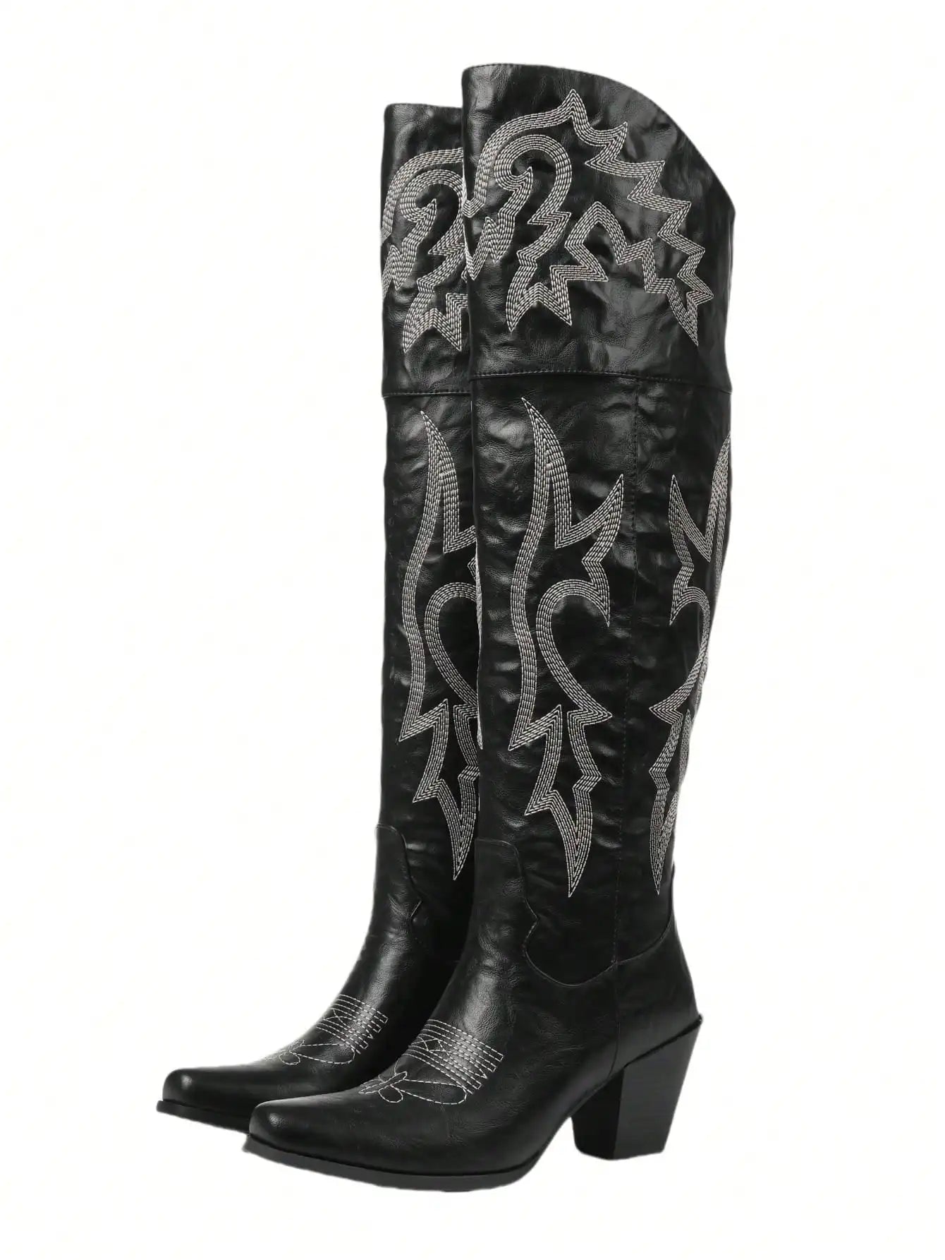 Western Over-the-Knee Women's Embroidered Design Pointed Toe Chunky Heel Cowgirl Rodeo Boots