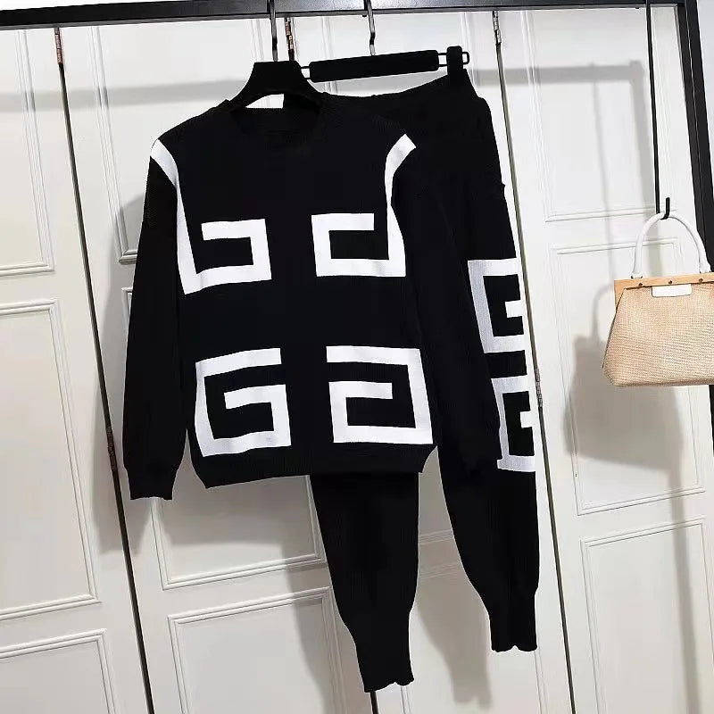 Knitted Geometric Print Long Sleeve Ladies Sweatshirt + Pencil Sweatpants 2-Piece Tracksuit