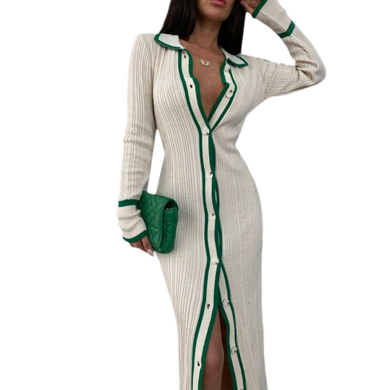 Striped Turn-Down Collar Long Sleeve Cardigan Maxi Bodycon V-Neck Button-Up Sweater Dress