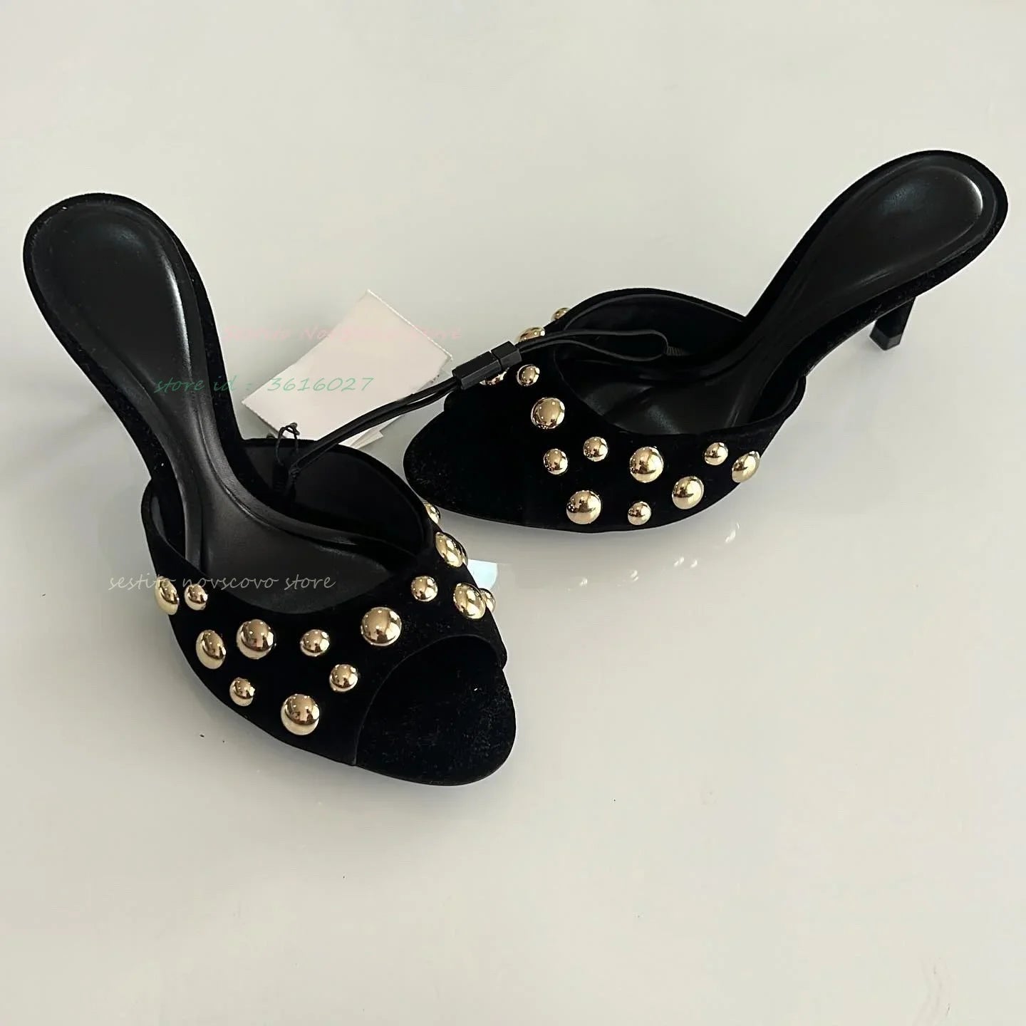 Gold Bead Design Peep Toe Shallow Women's Slip-On Mules