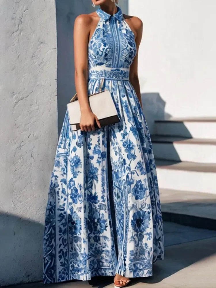 Blue/White Floral Print Turn-Down Collar Sleeveless High Waist Pleated Big Swing Maxi Dress