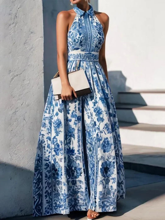 Blue/White Floral Print Turn-Down Collar Sleeveless High Waist Pleated Big Swing Maxi Dress
