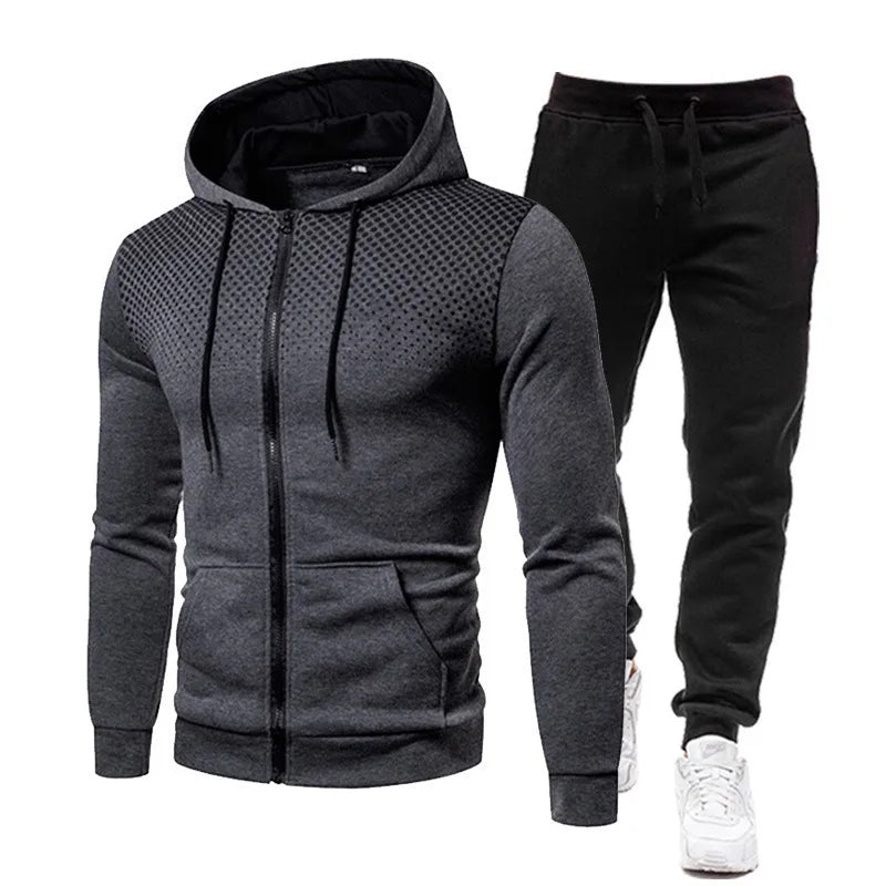 Men's Polka Dot Print Fleece Zipper Hoodie Sweatshirt + Solid Color Jogger Sweatpants Tracksuit