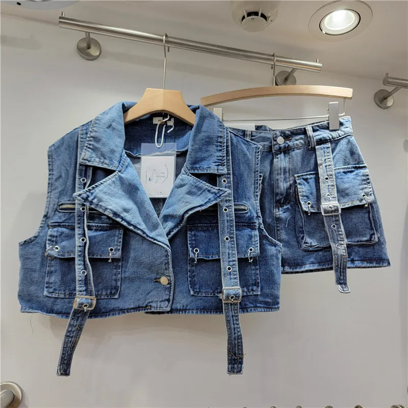 Retro Denim Cargo Big Pocketed Cropped Jacket + Mini Skirt 2-Piece Set