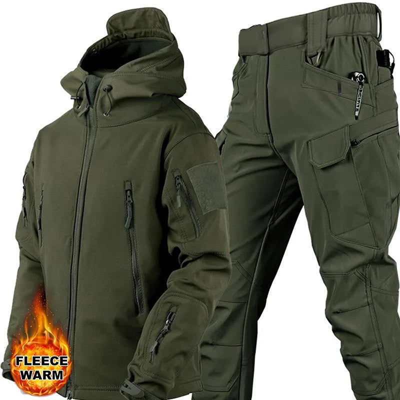 Men's Velvet Soft Shell Military Sharkskin Storm Jacket Zipper Hiking/Fishing 2-Piece Cargo Pants Outdoors Set