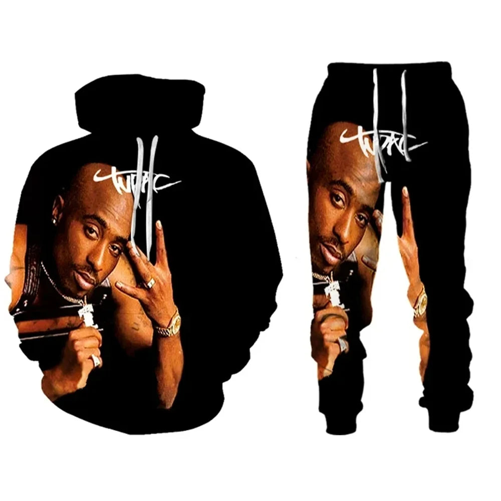 Drawstring Men's Unisex Tupac 3D Graphic Print Hoodie Sweatshirt + Jogger Sweatpants Tracksuit