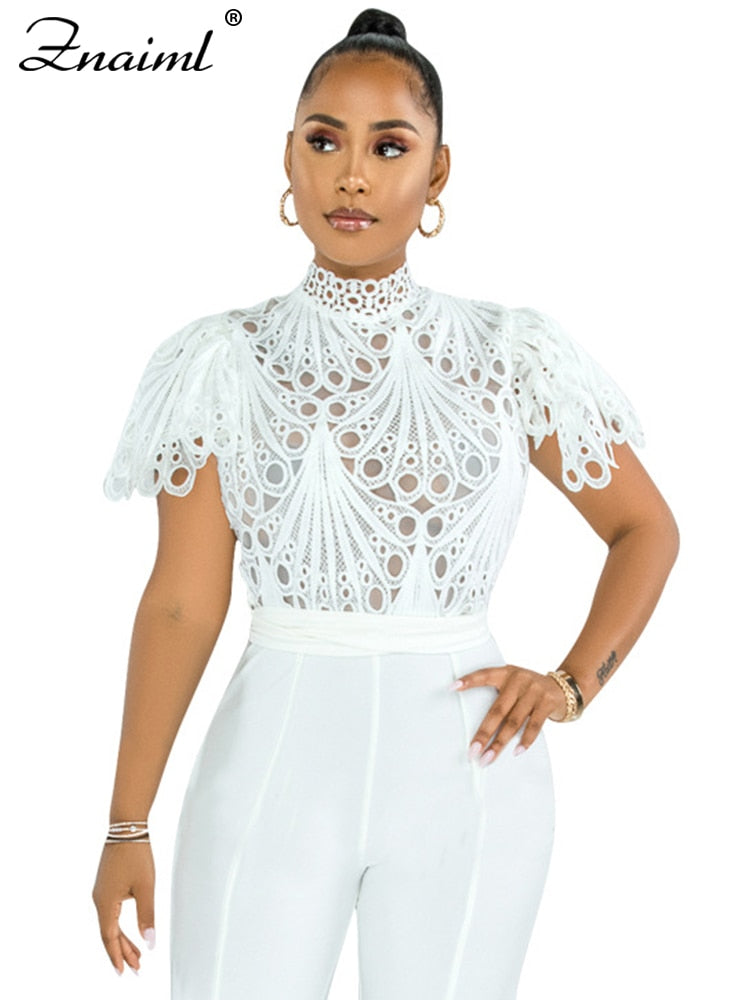 Hollow Out Mesh Lace Transparent Cropped Blouse