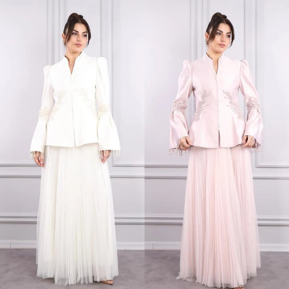 Satin Stand Collar Flared Sleeve A-Line Beaded Tulle Draped Bespoke Pleated Formal Occasion Maxi Dress