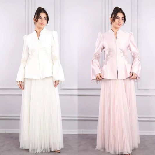 Satin Stand Collar Flared Sleeve A-Line Beaded Tulle Draped Bespoke Pleated Formal Occasion Maxi Dress