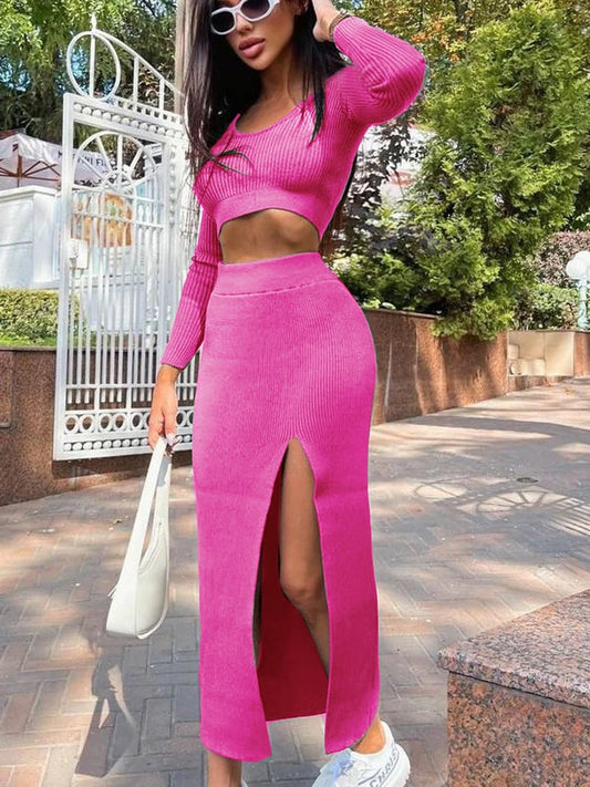 Knitted Y2K Solid Long Sleeve Pullover V-Neck Crop Sweater + High Slit Maxi Skirt 2-Piece Set