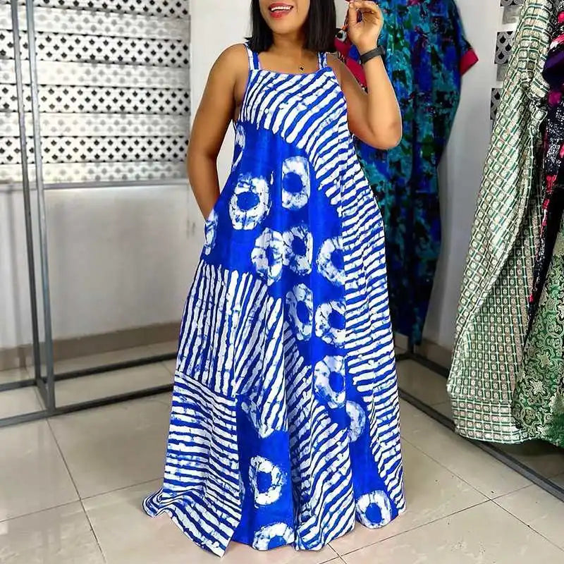 Bohemian Floral Striped Printed Sleeveless Tank Loose Maxi Dress to 5X Plus Size